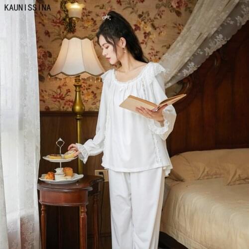 White Pajama Sets Women Cotton Lace Royal Princess Style Pajama Sleepwear Long Sleeve 2021 Spring Loungewear 2 Piece Homewear