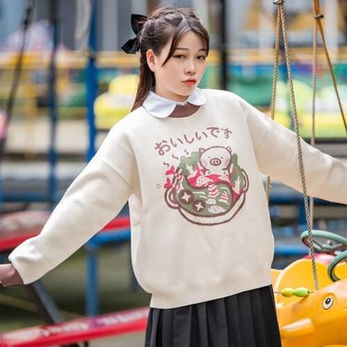 Preppy Style Japan Womens Pullover Sweaters Cartoons Pig Long Sleeve Femme Knitwear Soft Basics Sweet Sweater Winter Autumn New