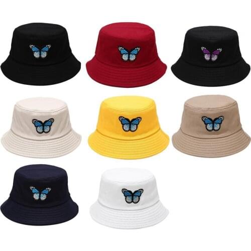 Butterfly Embroidery Bucket Hats for Women Men Cotton Bucket Cap Wide Brim Bucket Hat for Men Fisherman Hat Caps chapeau femme