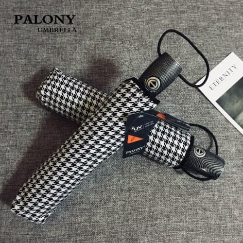 PALONYThree-Folding Full Automatic Uv and Wind Protection Black and White Check Fashion Pattern Womens Sunny and Rainy Umbrella