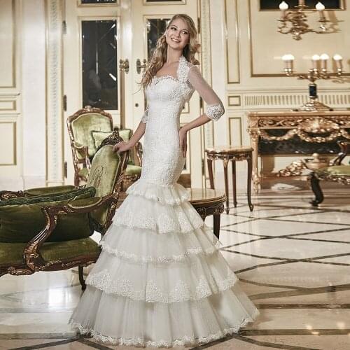 Custom Made 2 In 1 Mermaid Wedding Dresses With Half Sleeve Shawl Vestido De Noiva Sereia Tiered Skirt Appliques Sequined Gowns