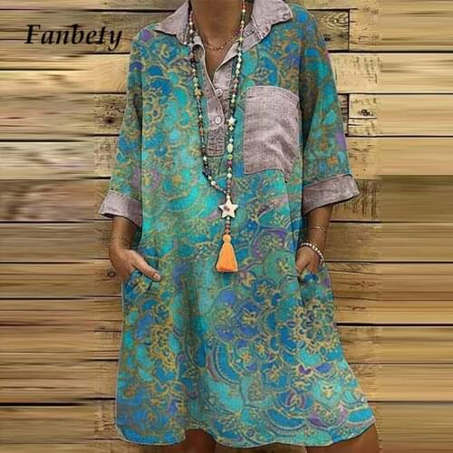Vintage Turn-Down Collar Pockets Party Dress Women Elegant Print Three Quarter Sleeve A-Line Dresses Female Casual Loose Vestido