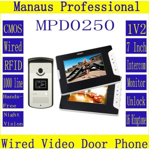 D250b 7" Color Video Intercom Door Phone System,2 White Monitor 1 RFID Card Reader HD Doorbell Video Door Phone 1000TVL Camera