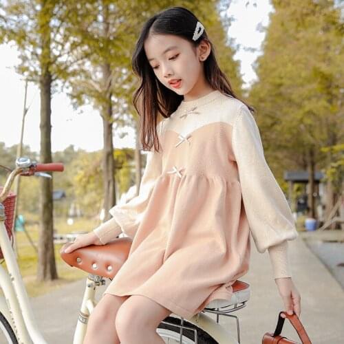 Korean Style Knitted Dress For Girls Autumn Spring Long Sleeve Loose Hem Gowns Children Outdoor Casual Dresses Clothes 5-14Y