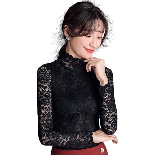 Top Quality Lace Women Blouse Pink Black Beige Solid Slim Sexy Flower Turtleneck Office Lady All Match Buttoming Shirts Tops