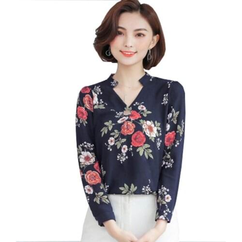 Spring elegant soft floral print women chiffon shirt 2019 korea style v-neck plus size long sleeve blouse for lady