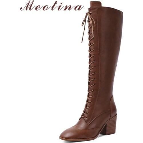 Meotina Winter Knee High Boots Women Natural Genuine Leather Chunky High Heel Tall Boots Zipper Round Toe Shoes Lady Size 34-39