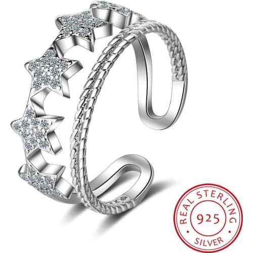 AAAAA Zirconia Double Line Star Adjustable Ring For Women 925 Sterling Silver Rings For Girl Fashion Ring Bague JZ254
