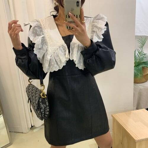 Slim High Waist Puff Long Sleeve Peter Pan Collar Embroidered Black PU Leather Dress Women Mini Streetwear Retro Vestido Mujer
