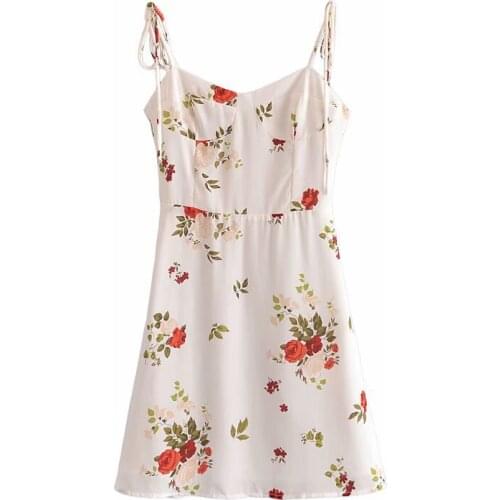 YENKYE Vintage Floral Print Sexy Sling Chiffon Dress Women Sleeveless Holiday Summer Short Vestido Mujer Prairie Chic Robe