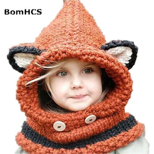 BomHCS Winter Girls Fox Scarf Cap Collar Wool Knitted Cap Baby Childrens Hat