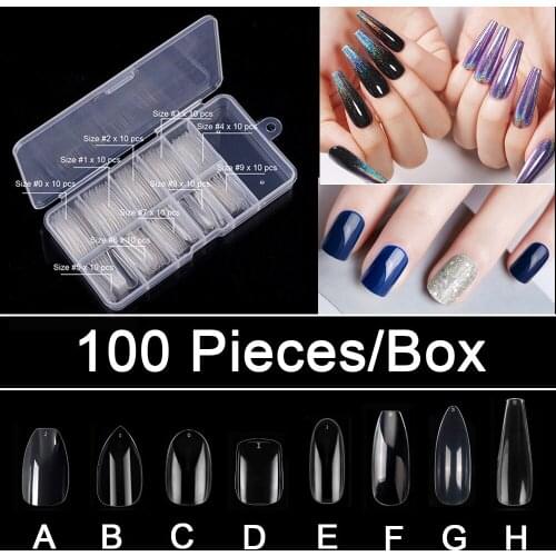 100Pcs/box Full False Nail Tips Coffin Round Oval Round Stiletto Fake Nails Half Cover Acrylic Nail Art Tips Manicure Salon Tool