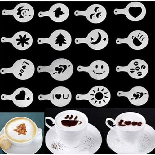 16pcs Coffee Stencil Filter Coffee Maker Cappuccino Coffee Barista Mold Templates Strew Flowers Pad Spray Art Coffee Tools