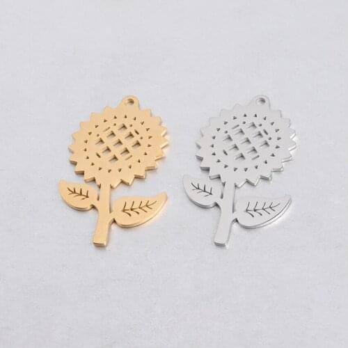 2pcs/Lot Mirror Polish Stainless Steel Sunflower Charms Pendants DIY Jewelry Making Necklace