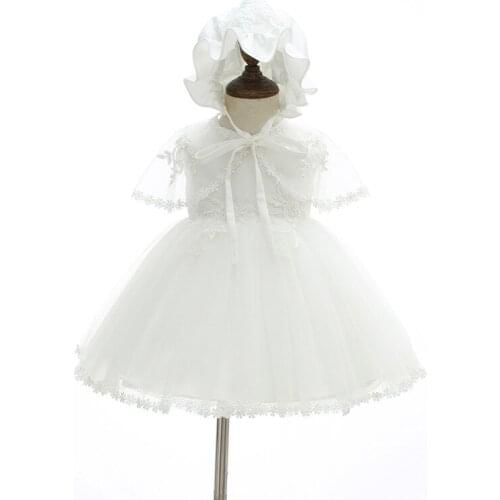 2018 White Lace Baby Girl Dress New Tulle Princess Infant Party Dresses with Hat for Girls Summer Kids Toddler Baby Clothing