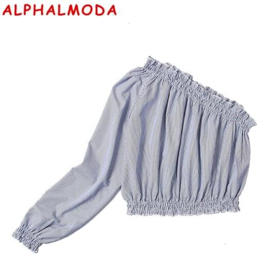 ALPHALMODA 2018 Spring Skew Collar Single-sleeved Women Sexy Cropped Blouses Shirts High Street Fashion Girls Casual Crop Tops