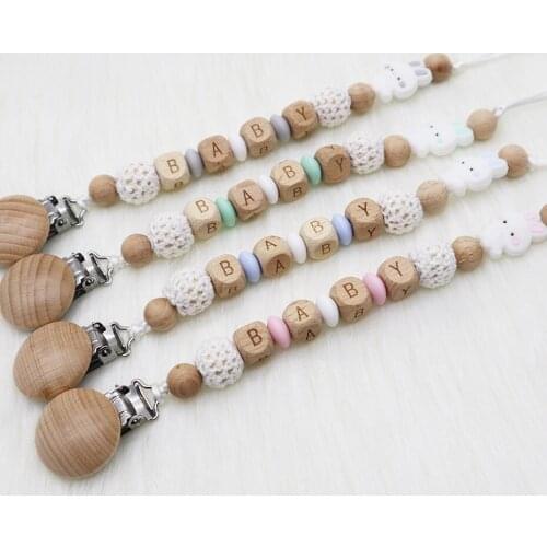 Personalized Name Wooden Pacifier Clips Beech Beads Rabbit Teether Baby Teething Pacifier Chain Dummy Holder Nipple Attachment