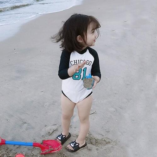 Ins Hot Children Long sleeve sunscreen swimsuit One piece Girls Cute Swim suit Baby Adorable Beach wear with hat YZ19027