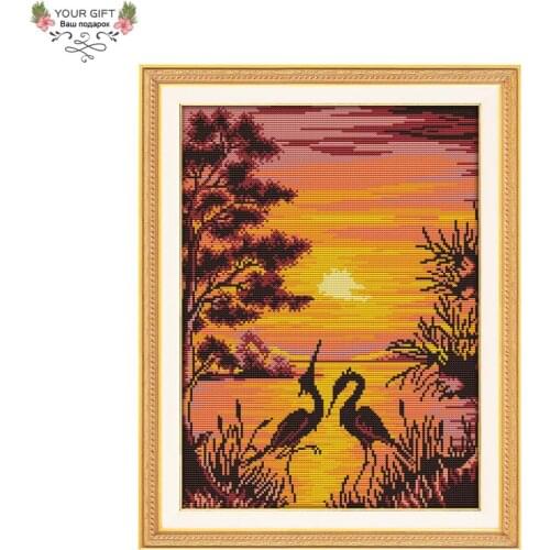 Joy Sunday F801 14CT 11CT Counted and Stamped Home Decor The Crane Shadow In Sunset Needlework Embroidery DIY Cross Stitch kits