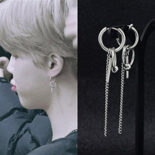Fashio bead Stainless steel circle Tassel chain 1Pair silver color Tassel JIMIN Stud Earrings Pendant KPOP DNA Korean