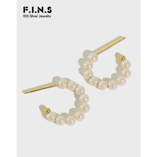 F.I.N.S Fashion Women 2019 Pearl Beaded Stud Earrings 925 Sterling Silver Earrings Woman Two-tone C-shaped Earrings