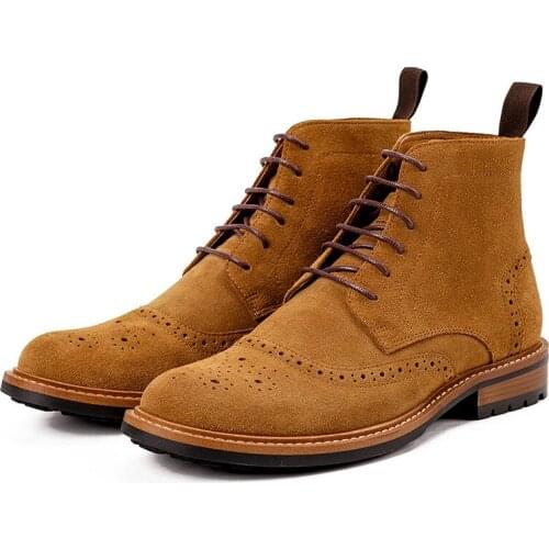 Flat Men Boots Mens Genuine Leather Shoes Business Brogue Carved High-top Martin Boots Formal Footwear Casual Suede Fashion