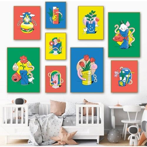 Surrealism Home Decor Modular Poster Color Abstract Fish Foods Pictures Wall Art Cartoon Still Canvas Painting Kid Room Artwork