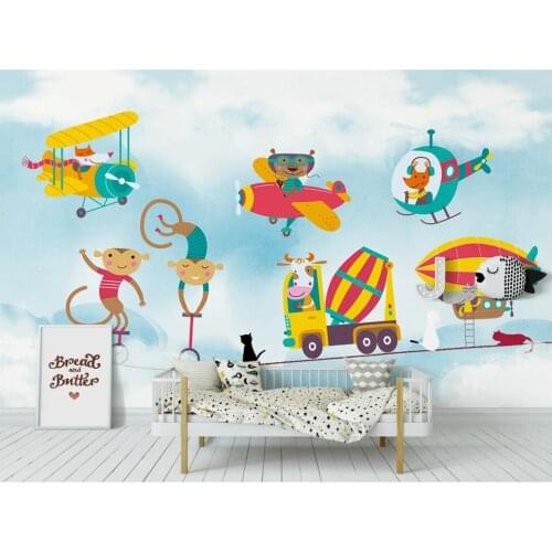 Custom mural on the wall wallpaper 3 d Cartoon car airplane blue sky white clouds childrens photo Wallpaper in the living room