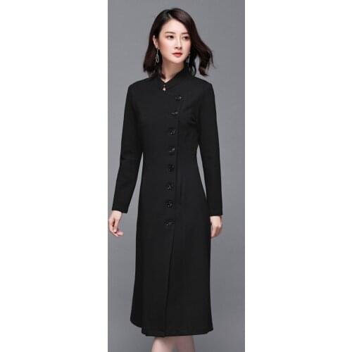 Womens autumn and winter wool coat, long warm coat, black and red oversized stand collar