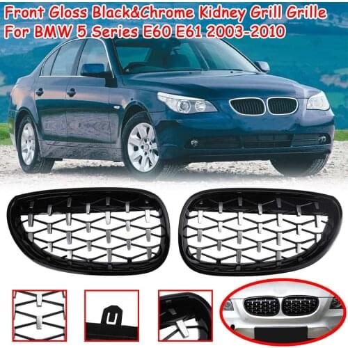 Front Gloss Black&Chrome Kidney Diamond Style Grill Grille For BMW 5 Series E60 E61 2003 2004 2005 2006 2007 2008 2009 2010