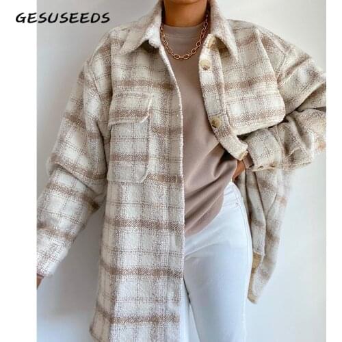 Spring coat women vintage plaid jacket oversized tweed jacket casual coats and jackets women turn down collar long coat loose