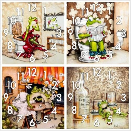 Full Diamond Painting Frog toi Cross Stitch With Clock Mechanism Mosaic 5D Diy Square Round Frog toilet 3d Embroidery Gift
