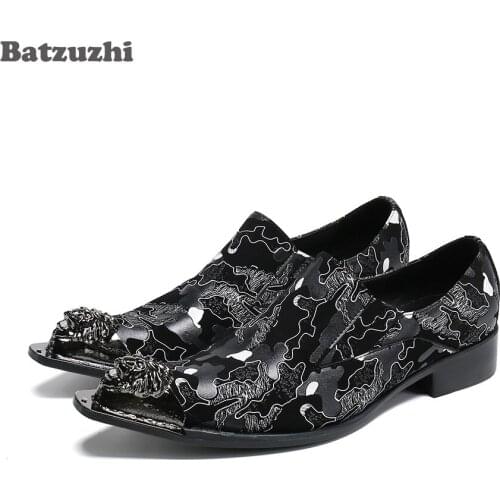Batzuzhi Luxury Handmade Mens Shoes Pointed Metal Toe Genuine Leather Dress Shoes Men Gentleman Business, Party Shoes Men