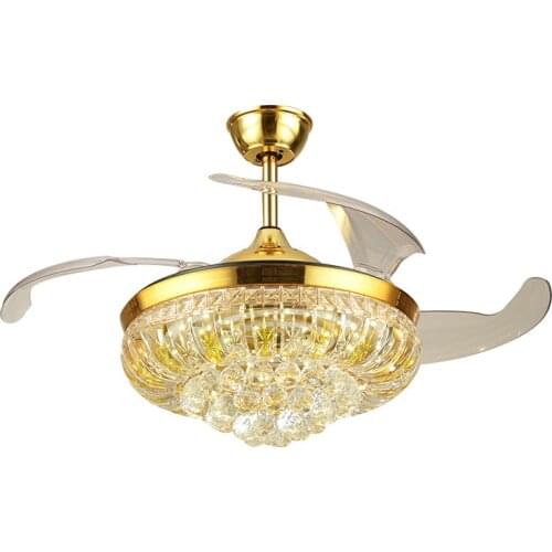 European style restaurant fan light with remote control golden luxury LED crystal invisible inverter ceiling fan light