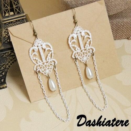 Vintage White Lace Earrings Long Wave Chain Ancient Chinese Female Ear Accessories Aesthetic Gothic Jwelry for Women