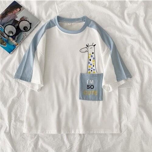 Harajuku cotton Womens T-shirts Summer cartoon Print Streetwear Tops Female T-shirt Patchwork Casual Short Sleeve Woman Tshirts