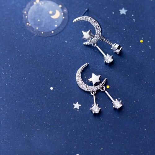 MloveAcc 925 Sterling Silver Secret Planet Moon Star Stud Earrings for Women Clear Cubic Zircon Sterling Silver Jewelry