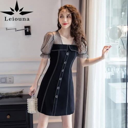 Leiouna Office Lady A-Line 2021 New Fashion Womens Mesh Plaid Dress For Summer Balck Lace Soring Above Knee Dress