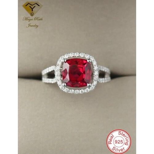 Lab Created Ruby Real Echt 925 Sterling Silver Party Ring For Women Imitation Red Princess Square Cut Shape Gemstone Female Gift