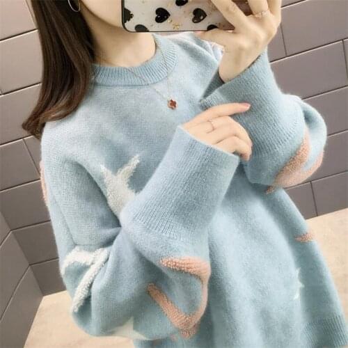 2021 Women pullover autumn and winter new sweater female o neck loose Korean student sleeves cute bottoming shirt thick