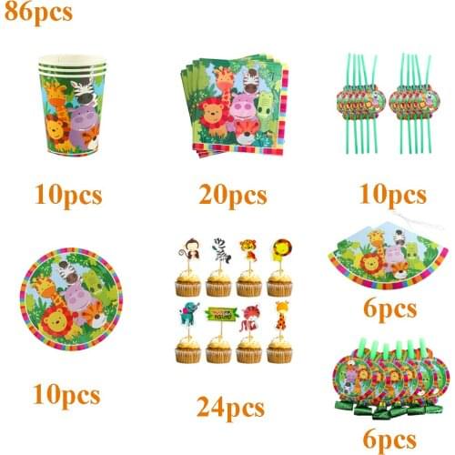 86Pcs/Pack Wild Animal Birthday Party Decorations Baby Shower Disposable Tableware Cups Blowouts Hats Napkins Plates Supplies