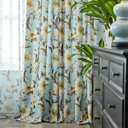 American Floral Curtains for Bedroom Living Room Blue Printed Curtain Sheer Drapes for Nursery