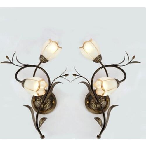 White Flowers Vintage Iron Wall lamps Living Room Decorative Wall Lamp Dining Room Wall Lights Bedroom Frosted Glass Wall Sconce