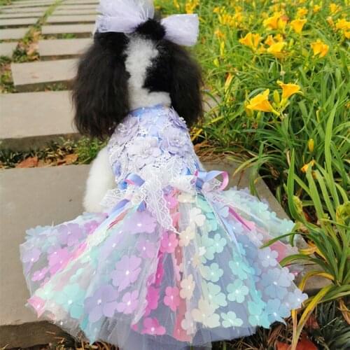 Free Shipping Handmade Dog Clothes Cat Princess Dress Gorgeous Gradient Color Light Purple Petals 3D More Layers Tulle Skirt