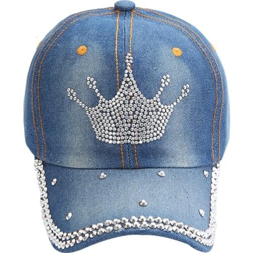Hot Wholesale 2021 Spring Summer Autumn Popular Women Girl Woman Denim Snapback Cap Rhinestone Crown Fitted Baseball Caps Hats