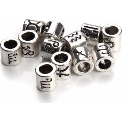LOULRUR 60pcs/lot Mixed Antique Silver Color Zodiac Charm Beads 4mm Big Hole Spacer Loose Beads Fit DIY Jewelry Making Findings