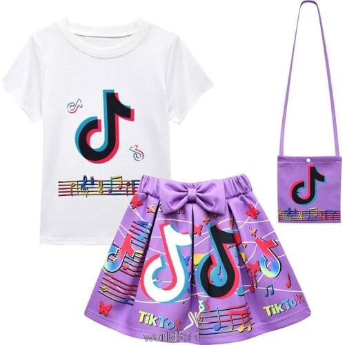 Hot Tik Tok Girls Clothes Sets Summer Tik Tok short sleeve top+Bow cartoon print skirt+Bag 3-piece kids Childrens Clothing Suit
