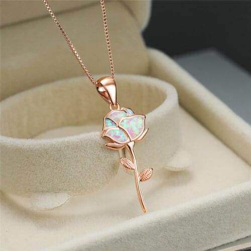 Classic Female White Opal Pendant Necklace Cute Rose Gold Color Chain Necklace Trendy Bridal Flower Wedding Necklaces For Women