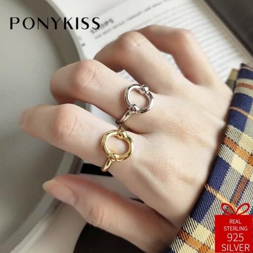 PONYKISS Trendy 100% 925 Sterling Silver Simple Oval Adjustable Geometric Opening Ring Women Fashion Party Accessory Chic Gift
