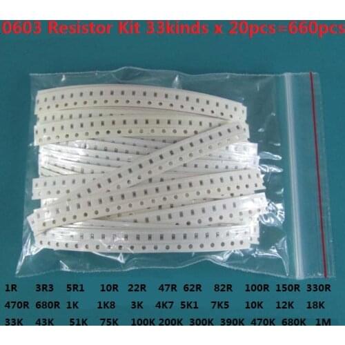 0603 Resistor Kit (1R ~1M 5%) 33 Values x 20PCS=660PCS Pack Sample Kit Assorted 1K 10K 150R 330R 470R 680R 1.8k 3k 4.7k 5.1k..1M